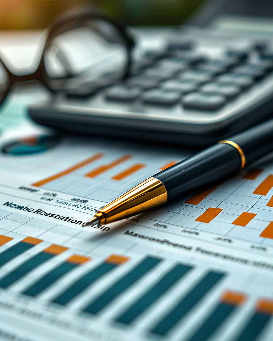 Close-up of a pen, financial graph, calculator, and eyeglasses on a desk, representing business analysis and financial planning.