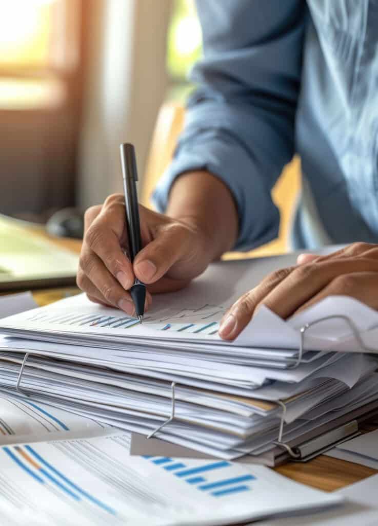 A person examining a stack of financial documents and reports, emphasizing financial management and organization.