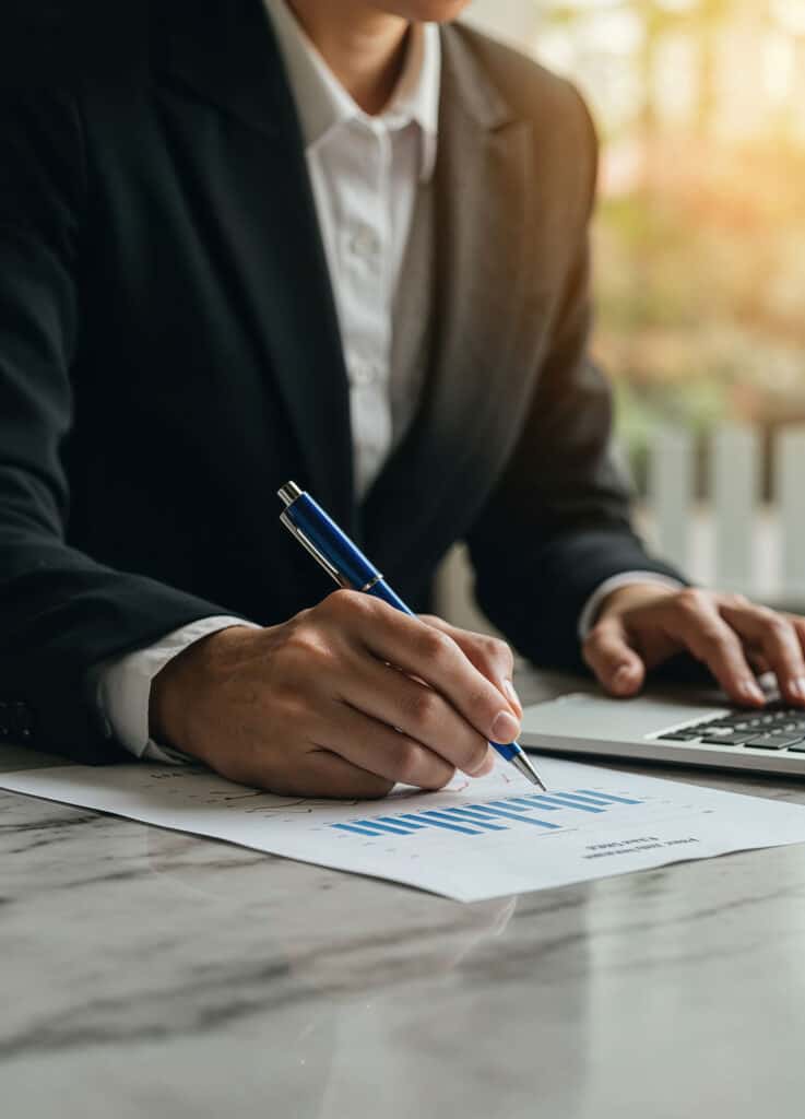 Focused Precision: A businessperson, impeccably dressed, meticulously reviews financial reports with pen in hand, embodying professionalism and detail-oriented work.