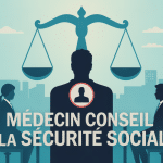 illustration médecin conseil sécurité sociale avec balance justice