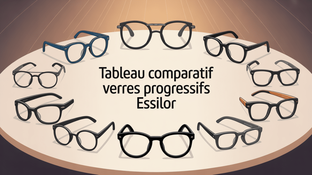 Tableau comparatif verres progressifs Essilor, lunettes stylisées autour d'une table