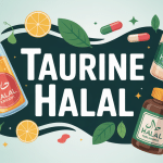 illustration taurine halal avec boissons, gélules et label