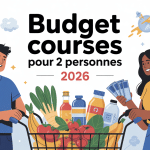 Couple qui gère le budget courses pour 2 personnes par mois 2024 panier épicerie