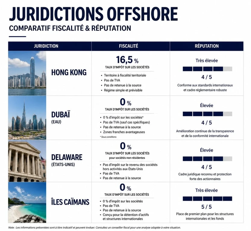 Tableau comparatif des juridictions pour créer une société offshore : Hong Kong, Dubaï, Delaware et Îles Caïmans.