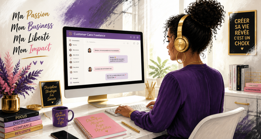 freelance service client femme bureau casque