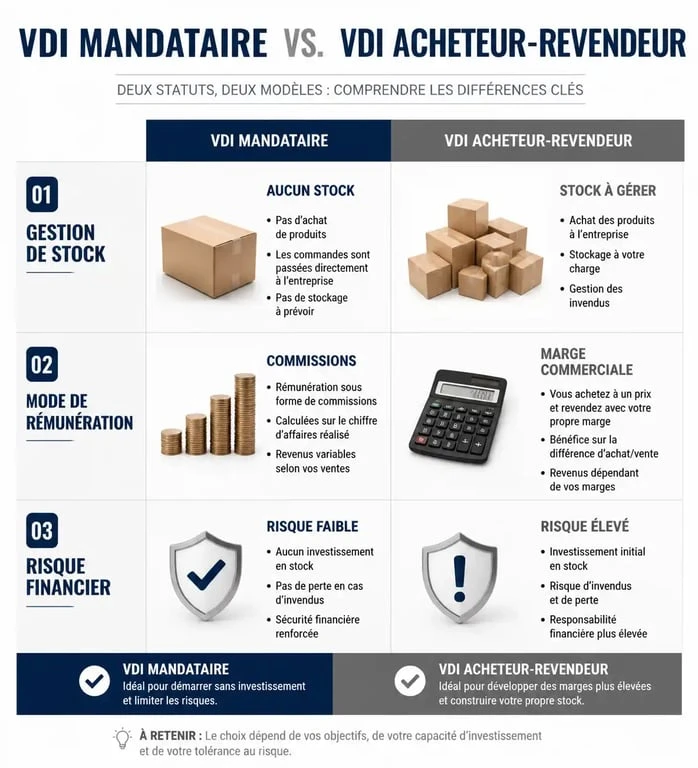 Comparatif des statuts de vente à domicile VDI : mandataire contre acheteur-revendeur pour identifier la vente à domicile qui rapporte le plus