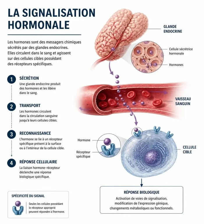 Schéma explicatif du fonctionnement d'une hormone et de la signalisation endocrine dans le corps humain