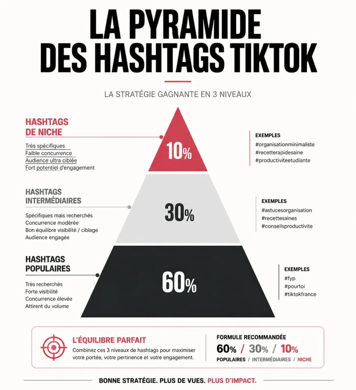 Infographie de la stratégie de pyramide des hashtags TikTok pour augmenter la visibilité