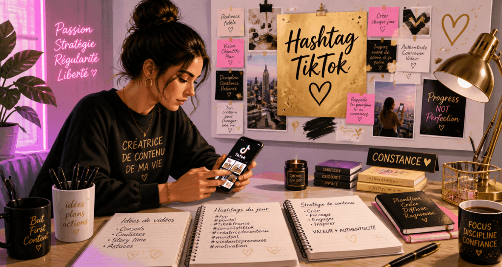 Jeune femme travaille sur hashtag TikTok dans studio créatif