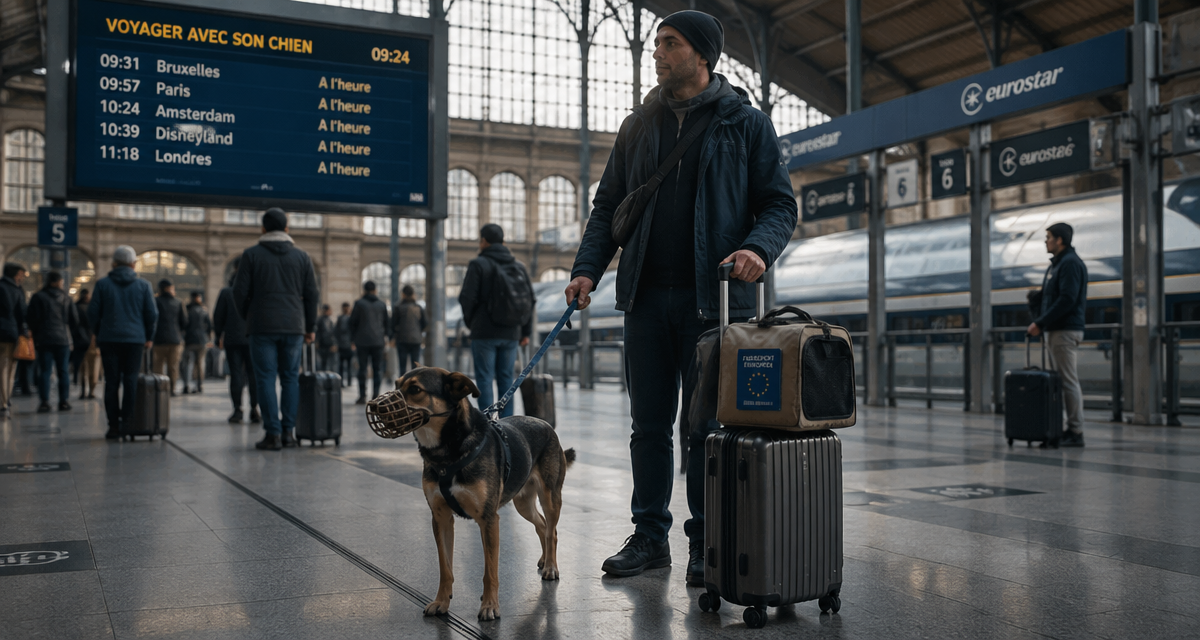 Chien Eurostar en gare avec maître