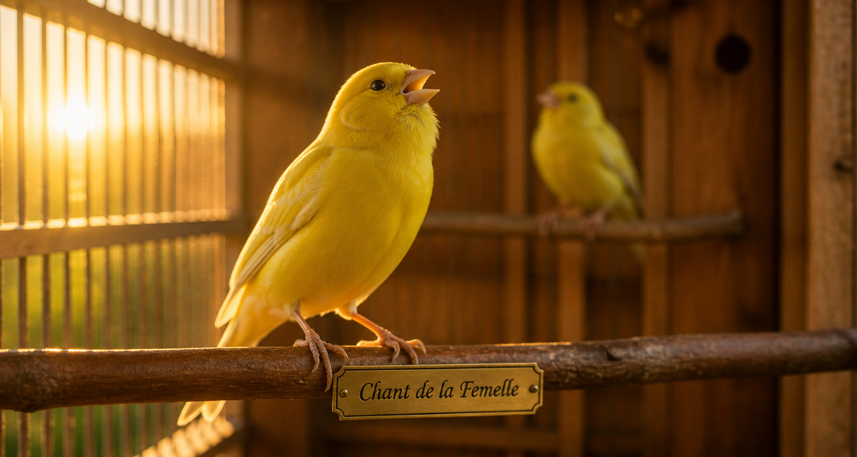 chant du canari femelle sur perchoir en lumière dorée