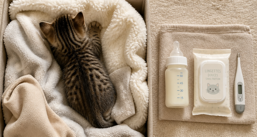 chaton non sevré dans boîte avec biberon et soins