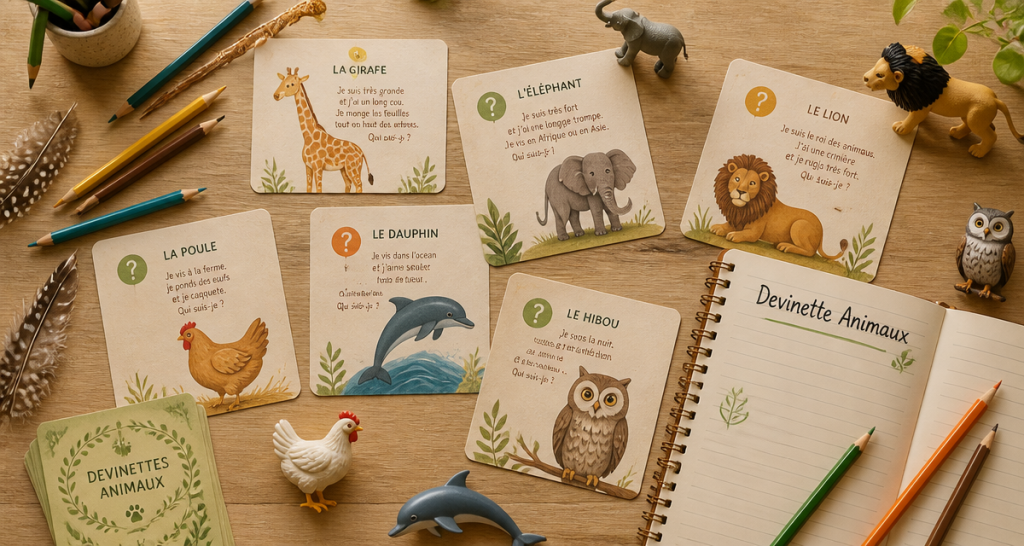 Devinette animaux cartes et jouets sur table