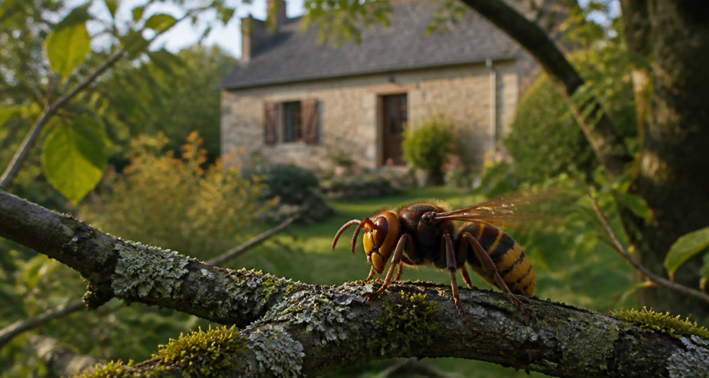 frelon européen danger posé sur branche