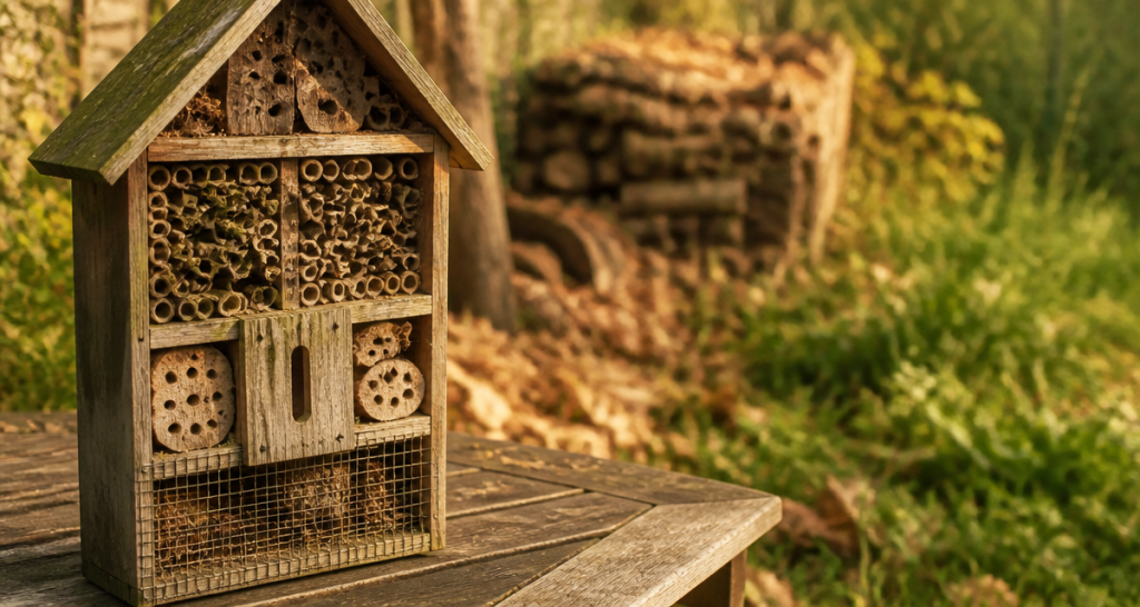 Hôtel à insectes inconvénients, modèle en bois usé sur table, alternatives naturelles en arrière-plan