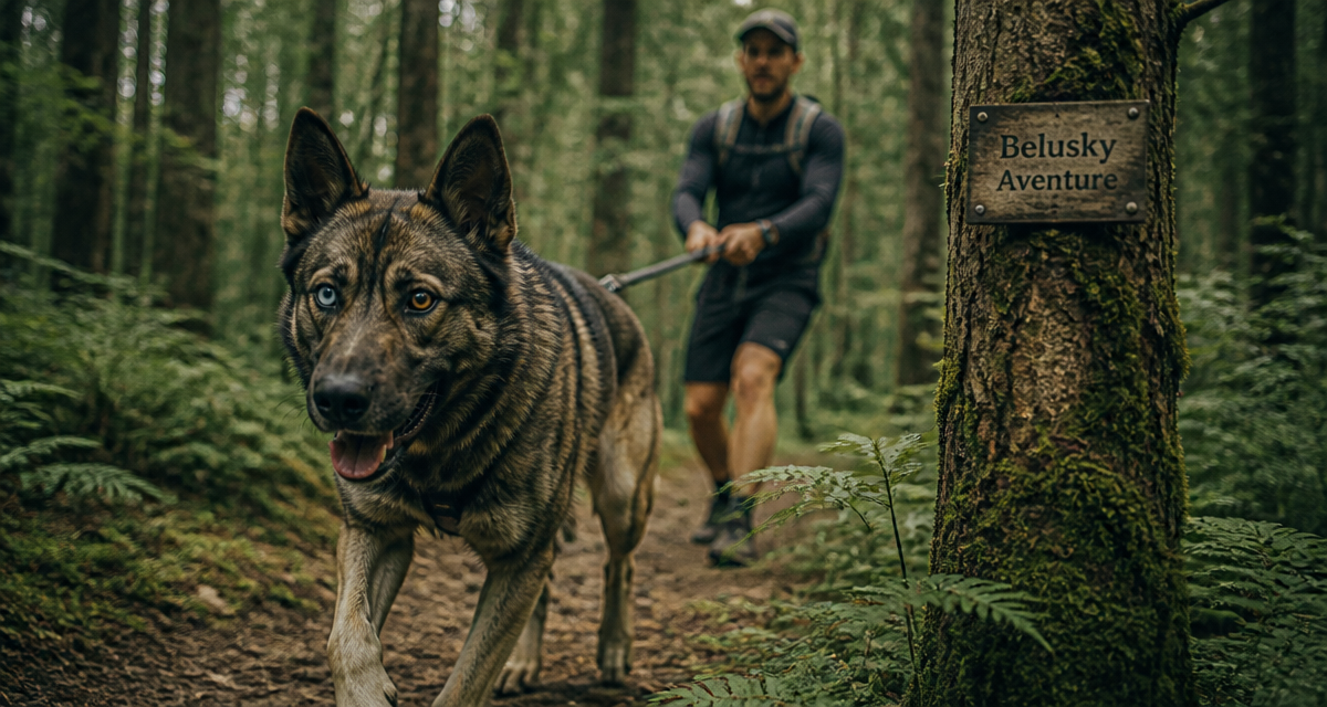 malinois croisé husky sportif en forêt