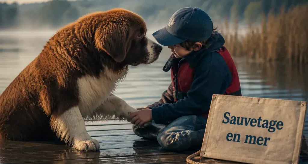Caractere du terre neuve, grand chien fauve et blanc avec enfant, sauvetage en mer