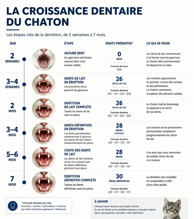 Infographie sur la perte des dents de lait chez le chaton et le développement de la dentition adulte
