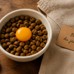 bol croquettes jaune d oeuf chien table rustique