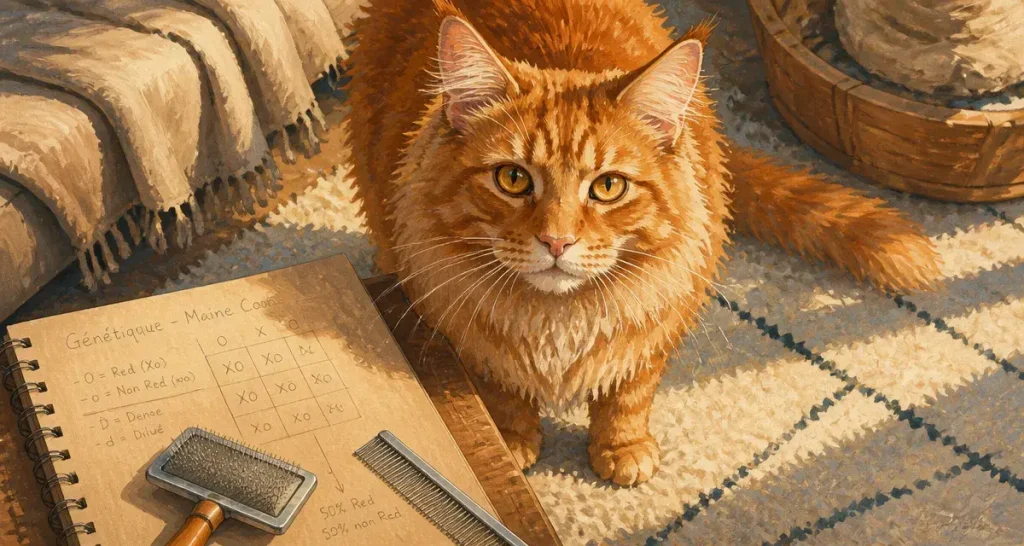 Main coon roux sur tapis, brosse et schéma de génétique pour pelage éclatant