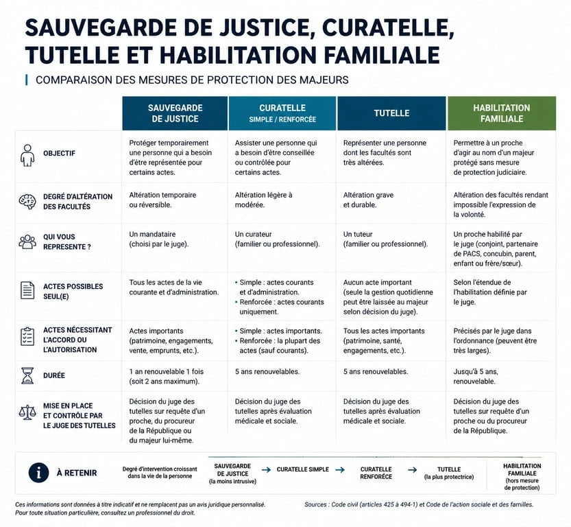 Tableau comparatif des mesures de protection juridique : tutelle, curatelle et habilitation familiale