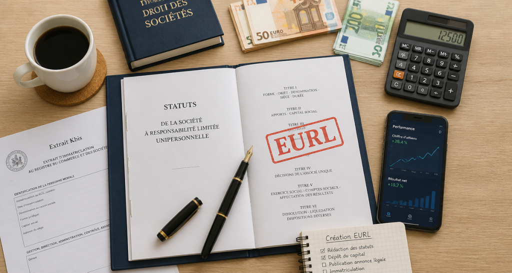 eurl statut dossier sur bureau avec calculatrice et kbis