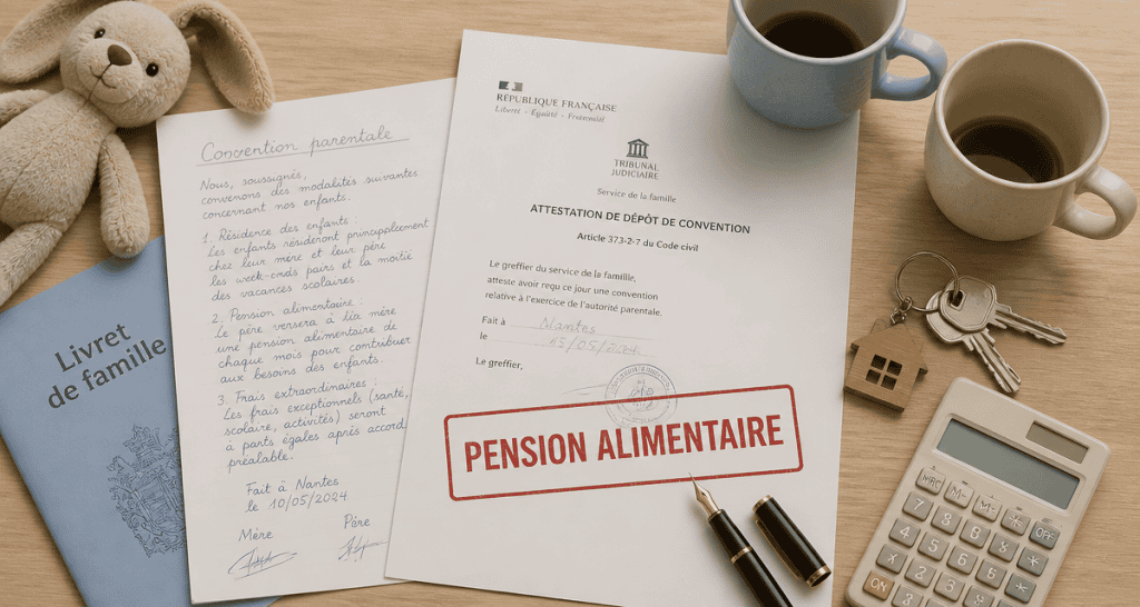 montant pension alimentaire couple non marié sur table avec documents et calculatrice