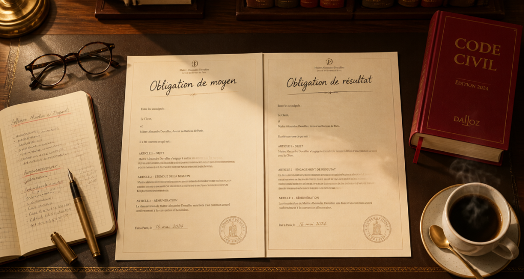 obligation de moyen et de resultat contrats sur bureau avocat