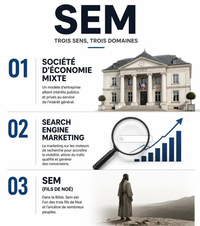 Infographie résumant les trois définitions de SEM : économie, marketing digital et figure biblique