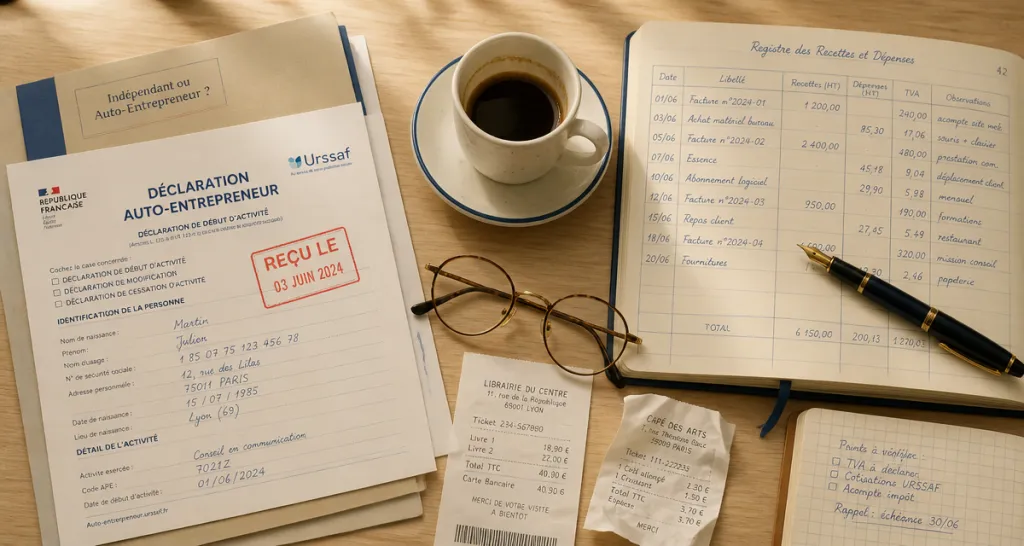 Bureau travailleur indépendant ou auto entrepreneur, documents et café