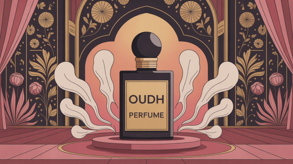 bouteille oudh perfume stylisée avec motifs floraux orientaux