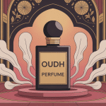 bouteille oudh perfume stylisée avec motifs floraux orientaux