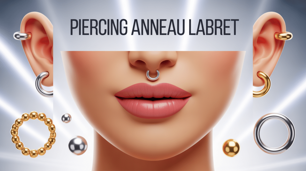 Illustration 3D du piercing anneau labret sur bouche et oreille