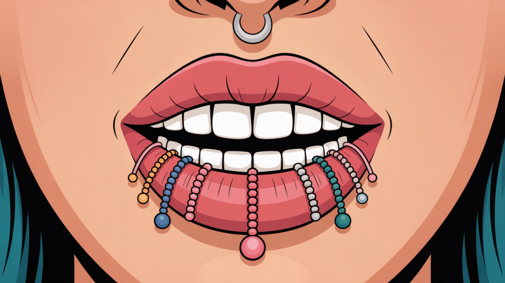 illustration stylisée piercing bas levre bouche avec bijoux