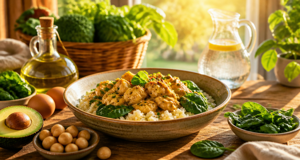 aliments pauvre en glucide bol curry poulet riz chou fleur
