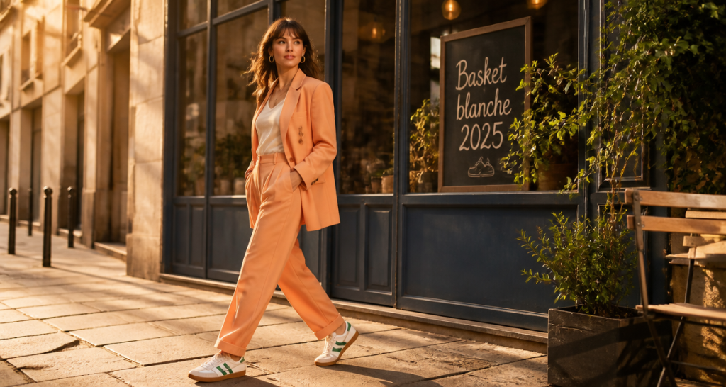 Basket blanche femme tendance 2025 sur trottoir urbain