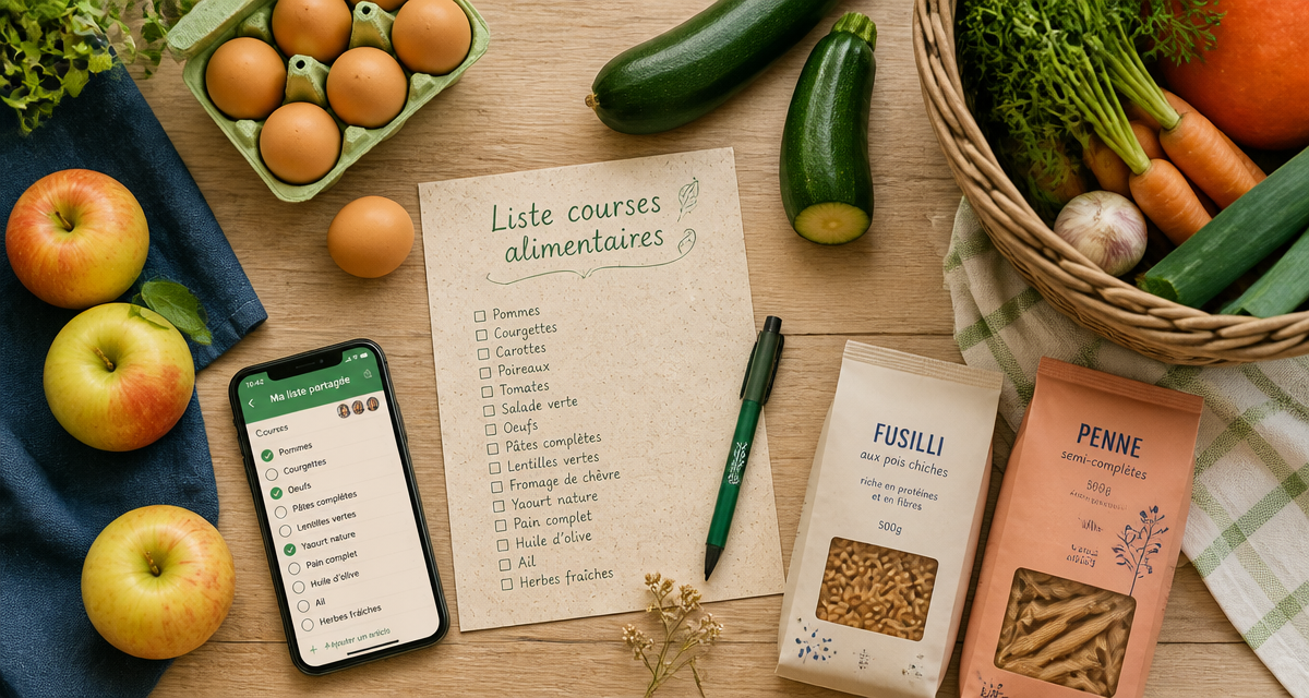 Liste courses alimentaires manuscrite, produits frais et appli mobile
