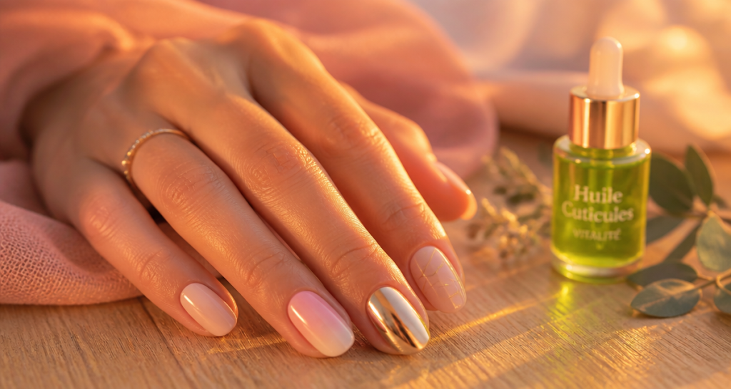 modèle vernis semi permanent nude baby boomer chrome doré