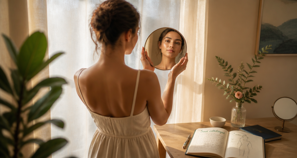 avant après resultat lipofilling mammaire femme miroir