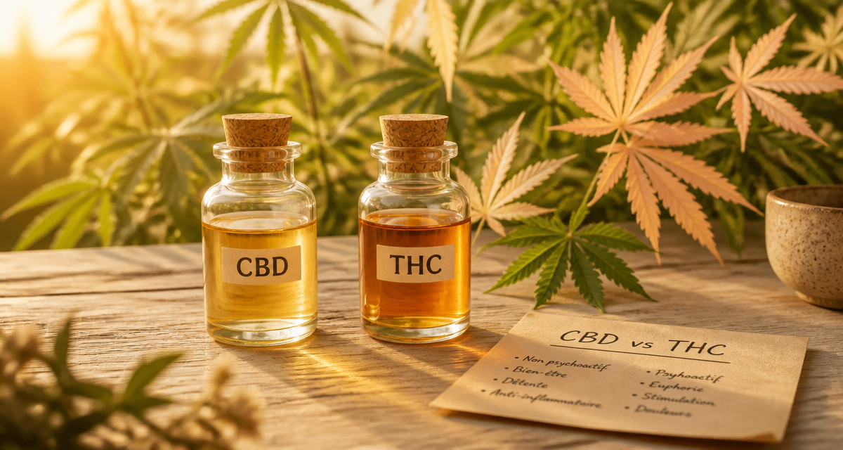 difference cbd et thc flacons sur table bois