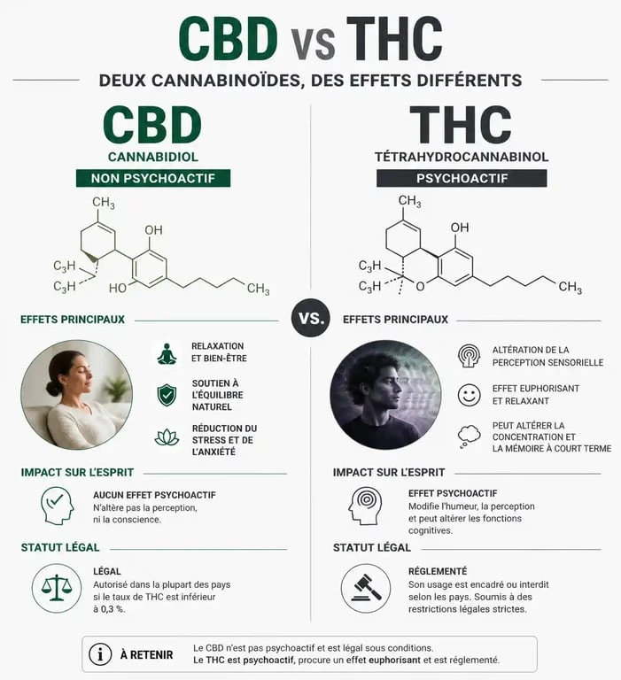 Infographie comparative des différences entre CBD et THC : effets, légalité et interaction avec le système endocannabinoïde
