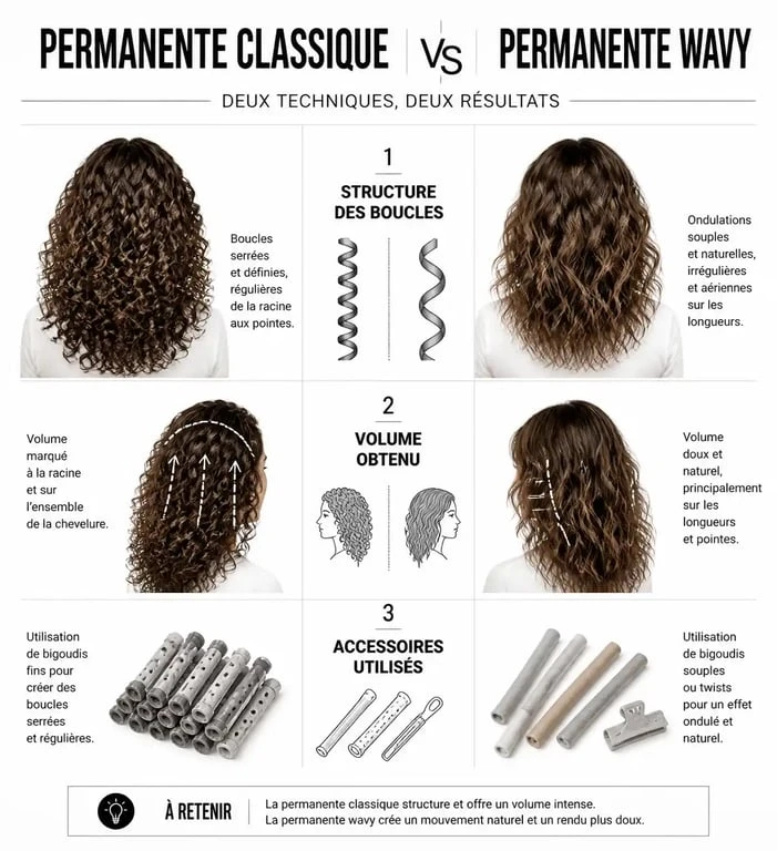 Infographie comparative permanente classique vs permanente wavy pour choisir sa technique de coiffure