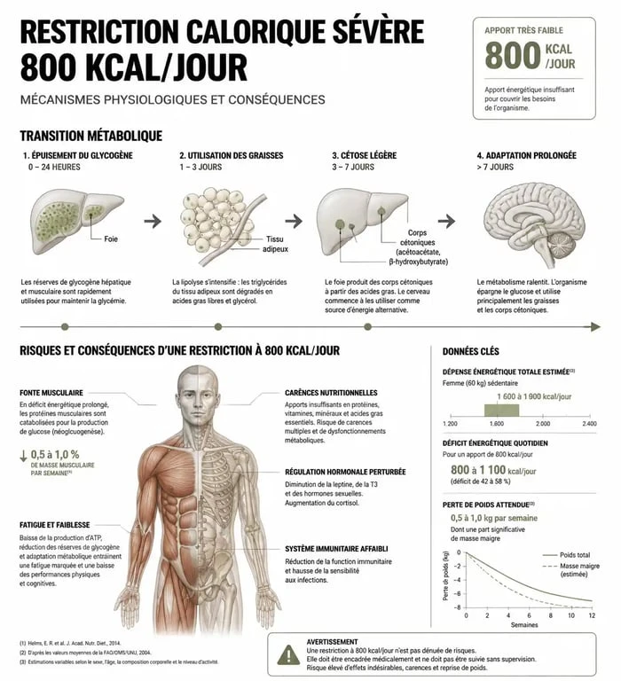 Infographie sur les effets physiologiques et les risques d'un régime à 800 calories par jour sur l'organisme