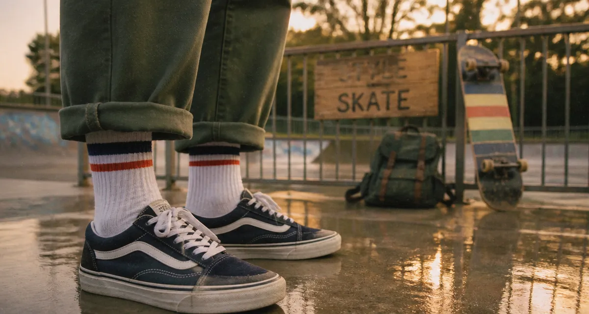 Style skateur homme sur skatepark, pantalon retroussé et chaussures de skate