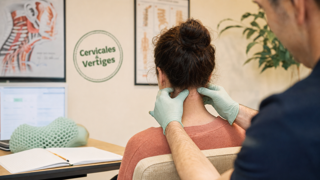 Cervicales et vertiges : mains kiné sur la nuque