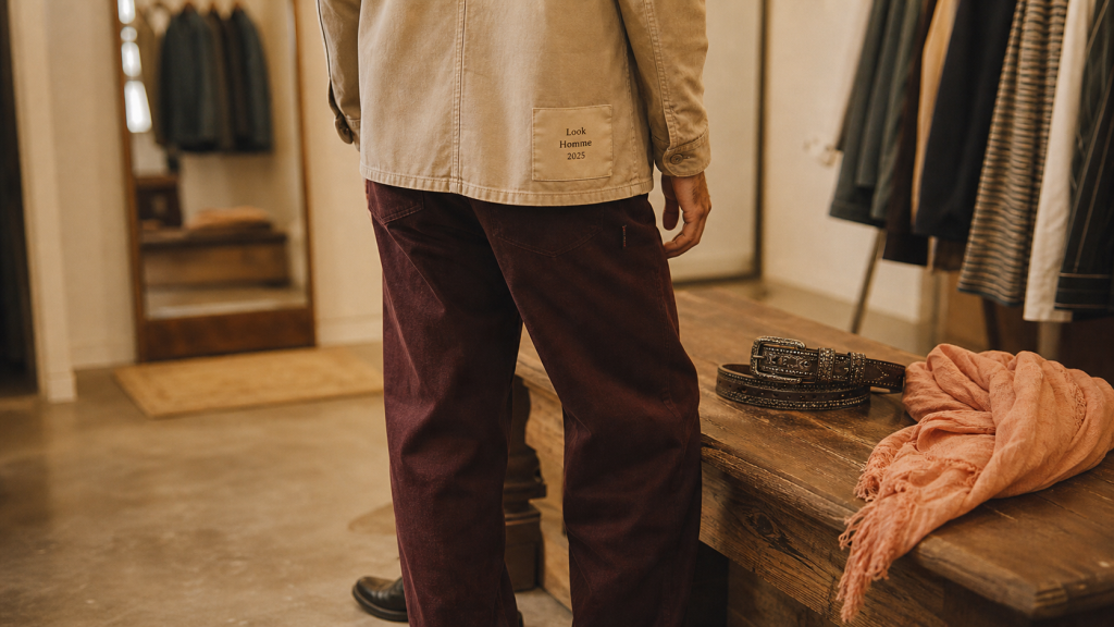 Look homme 2025 : tenue homme moderne avec surchemise beige et boots noires
