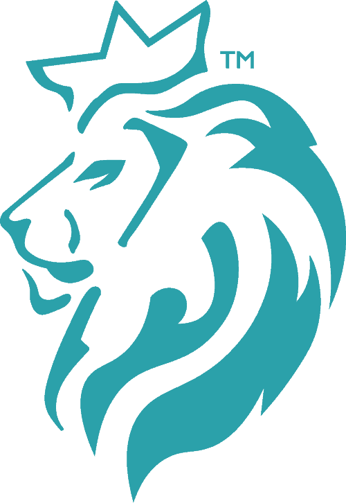 Lion logo with a stylized mane and a crown, in a sleek teal outline.