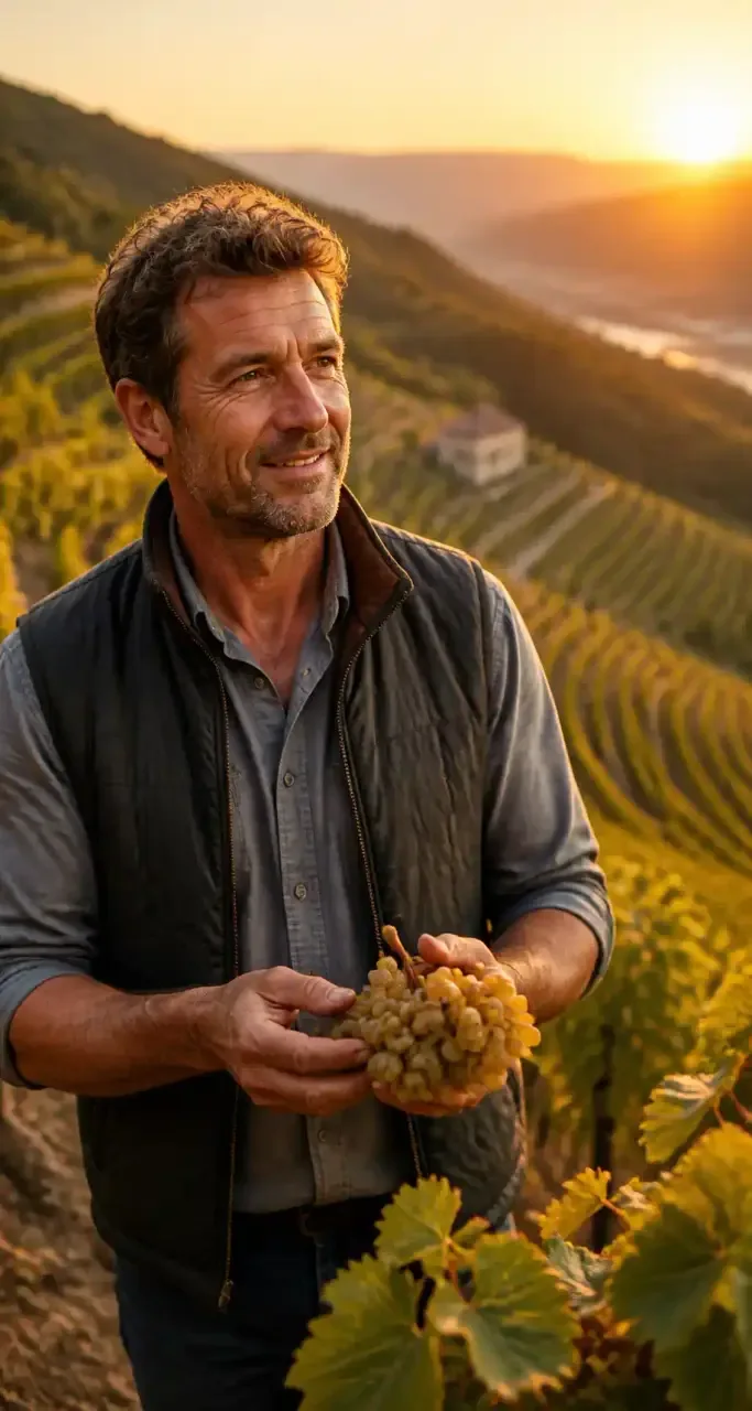 Vigneron dans ses vignes au coucher du soleil