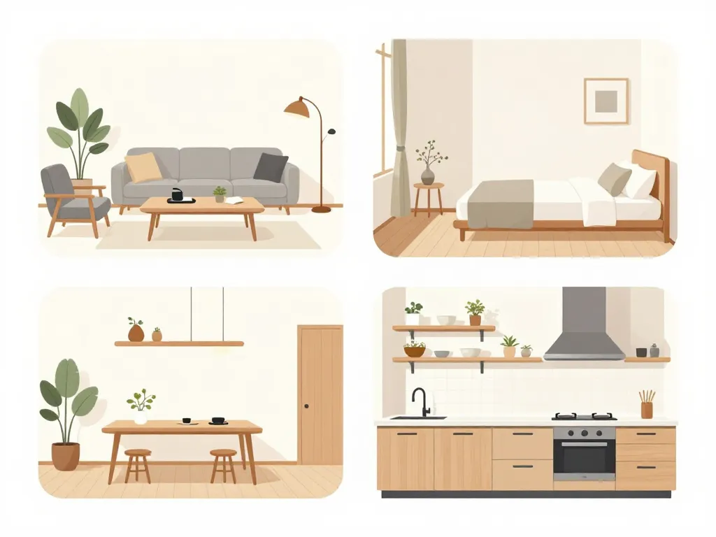 diagramme minimaliste japonais salon chambre cuisine