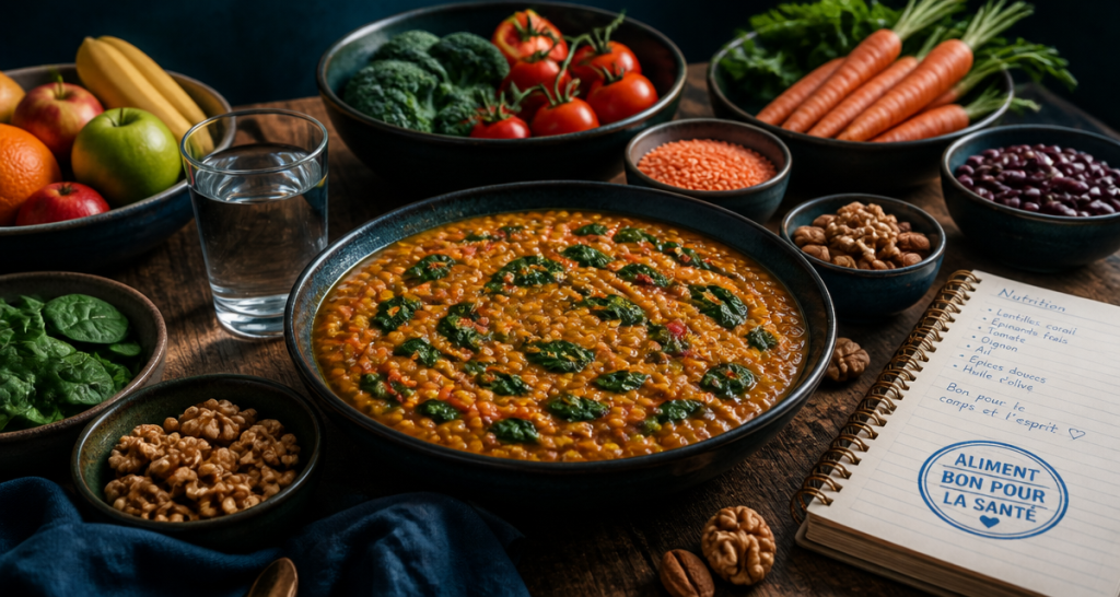 Aliment bon pour la santé sur table, dahl, fruits, légumes